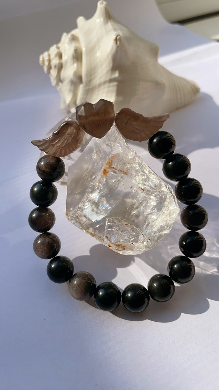 Silver Obsidian with heart wings (Ice Obsidian) Bracelet