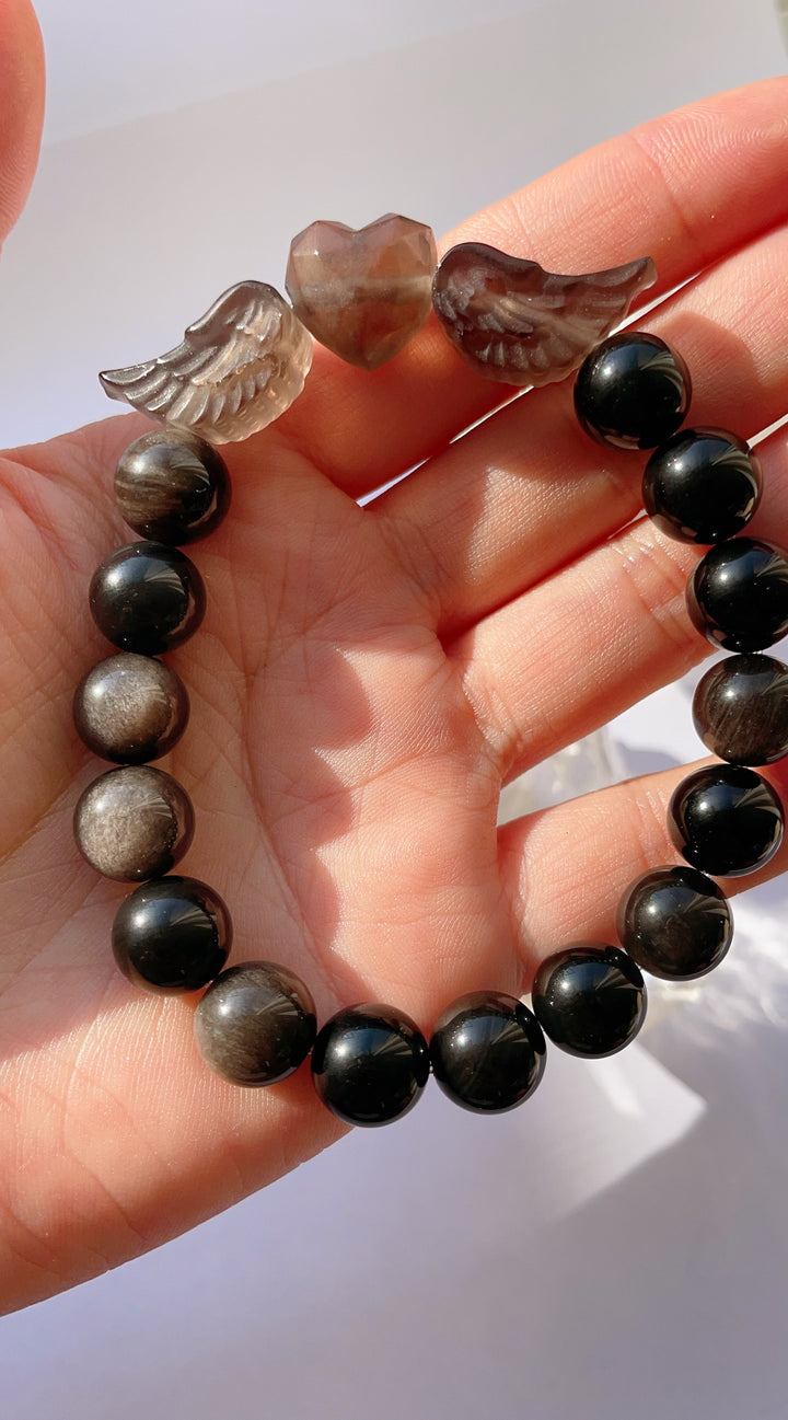 Silver Obsidian with heart wings (Ice Obsidian) Bracelet
